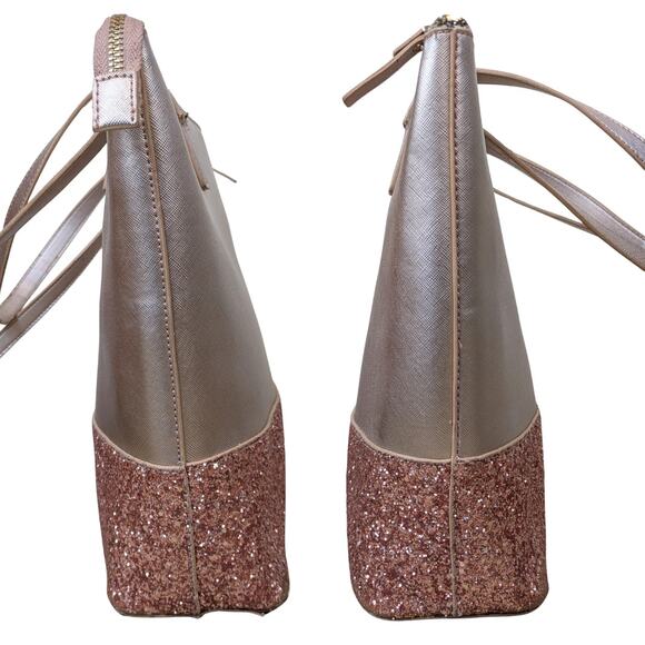 Kate Spade Greta Court Tote Bag + Zip Wallet Set Rose Gold Glitter Pink Leather - Picture 3 of 12